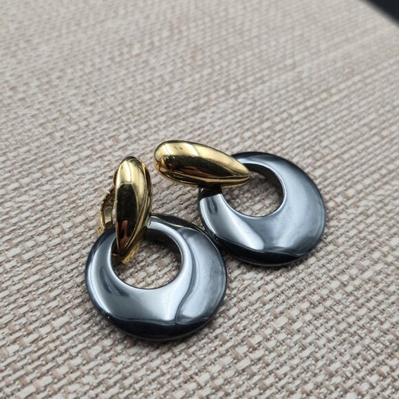 Gold Plated Circle Hematite Stone Dangle Earrings A6280 - Picture 2 of 5